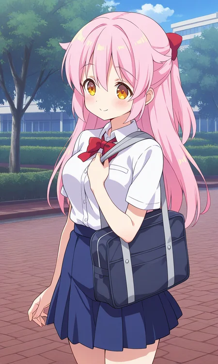 1girl, solo, mgyunishirakawa, pink hair, hair flaps, half updo, long hair, hair down, yellow eyes, white shirt, short sleeves, medium breasts, blue skirt, school uniform, outdoors, city, park, smile, shoulder bag, cowboy shot