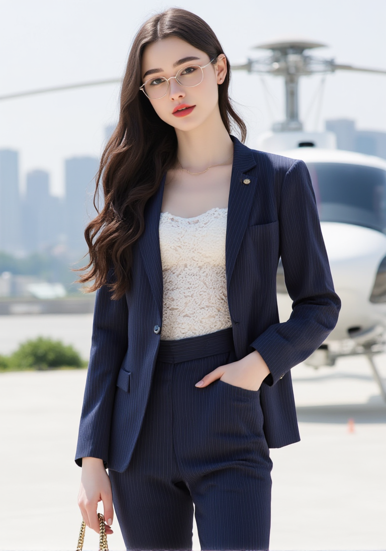 18yo 1girl her face is very delicate,skin naturally showing the texture of blood vessels and detailed pale skin,
<lora:Dasha_Taran_majicf1_rank2_bf16:0.8>,she is Dasha Taran,looking at viewer, --,This image shows a young woman standing in an Bright outdoor space,helipad on top of a CBD high-rise,her body slightly turned towards the camera. She is wearing a navy blue pinstriped suit,with a white lace camisole underneath,the suit jacket unbuttoned to reveal the camisole. She is wearing a pair of gold-rimmed glasses,her long hair cascading over her shoulders,and a delicate chain necklace. She is wearing black stockings and black high heels with gold embellishments. She is carrying a black quilted chain-strap bag.Her posture and expression convey confidence and sophistication and charming. the other holding her bag. The background is a blurred outdoor space and white private helicopter,White ground tarmac and the city skyline in the distance,creating a modern and refined atmosphere.The overall light is bright sunshine,highlighting the woman's elegance and charm