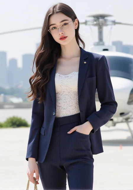 18yo 1girl her face is very delicate,skin naturally showing the texture of blood vessels and detailed pale skin,
<lora:Dasha_Taran_majicf1_rank2_bf16:0.8>,she is Dasha Taran,looking at viewer, --,This image shows a young woman standing in an Bright outdoor space,helipad on top of a CBD high-rise,her body slightly turned towards the camera. She is wearing a navy blue pinstriped suit,with a white lace camisole underneath,the suit jacket unbuttoned to reveal the camisole. She is wearing a pair of gold-rimmed glasses,her long hair cascading over her shoulders,and a delicate chain necklace. She is wearing black stockings and black high heels with gold embellishments. She is carrying a black quilted chain-strap bag.Her posture and expression convey confidence and sophistication and charming. the other holding her bag. The background is a blurred outdoor space and white private helicopter,White ground tarmac and the city skyline in the distance,creating a modern and refined atmosphere.The overall light is bright sunshine,highlighting the woman's elegance and charm