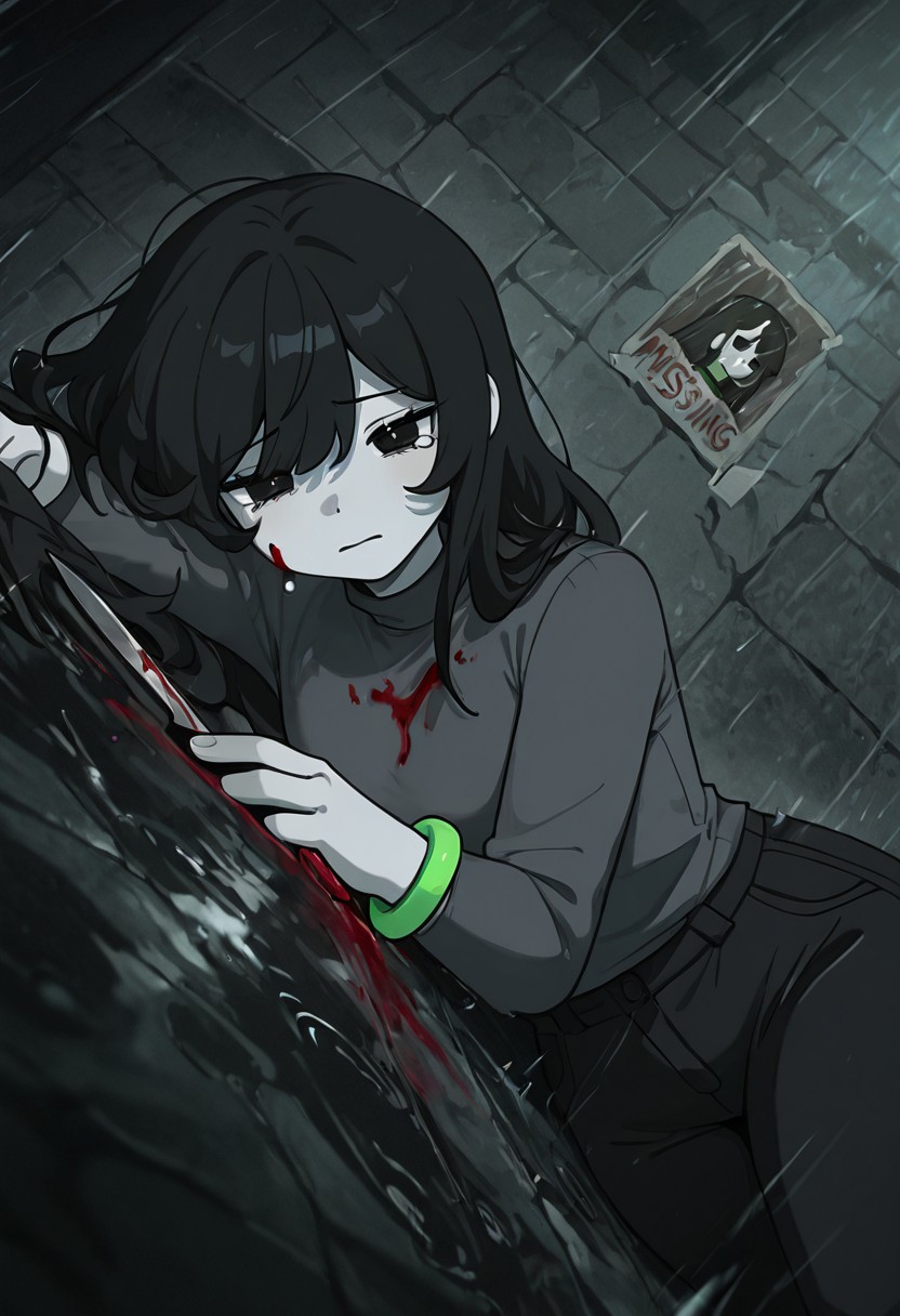 masterpiece, best quality, amazing quality, very aesthetic, absurdres, newest, detailed background, foreground blur, (( cartoon,  )),
charlieemily, 1girl, black hair, long hair, black eyes, dark grey shirt, turtle neck, grey skin, black pants, long sleeves, single green bracelet square hair, square eyes, tears, tears down cheeks, shirt over pants,
laying on ground, puddles, heavy rain, blood on chest, bleeding, would, close up shot, rubbish bags, grey bricks, brick walls, black ground, missing poster, dutch angle, tilted view, knife stab wound,