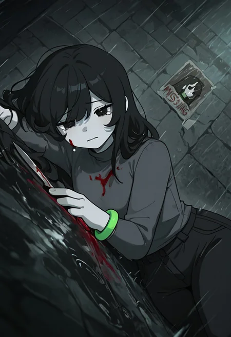 masterpiece, best quality, amazing quality, very aesthetic, absurdres, newest, detailed background, foreground blur, (( cartoon,  )),
charlieemily, 1girl, black hair, long hair, black eyes, dark grey shirt, turtle neck, grey skin, black pants, long sleeves, single green bracelet square hair, square eyes, tears, tears down cheeks, shirt over pants,
laying on ground, puddles, heavy rain, blood on chest, bleeding, would, close up shot, rubbish bags, grey bricks, brick walls, black ground, missing poster, dutch angle, tilted view, knife stab wound,