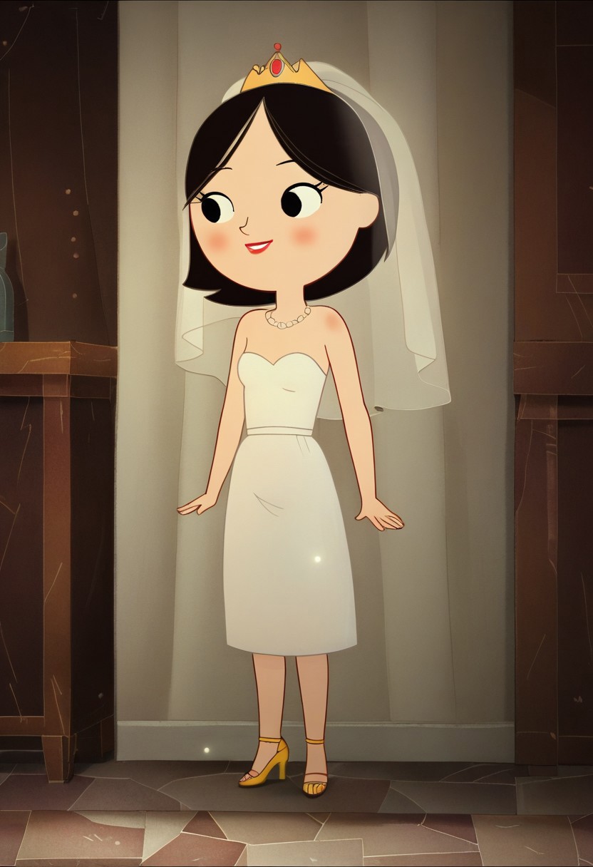 zPDXL3, source_cartoon, Perfect Hands, full body, 1girl, solo, saoirse, black hair, black eyes, blush, short hair, smile, Red Lipstick Full body, barefoot, Perfect Hands, perfect barefoot, perfect Small flat chest natural breasts; Wedding dress, Wedding veil, Golden tiara, white high heels sandals, indoors,  (white backbround:1.3)