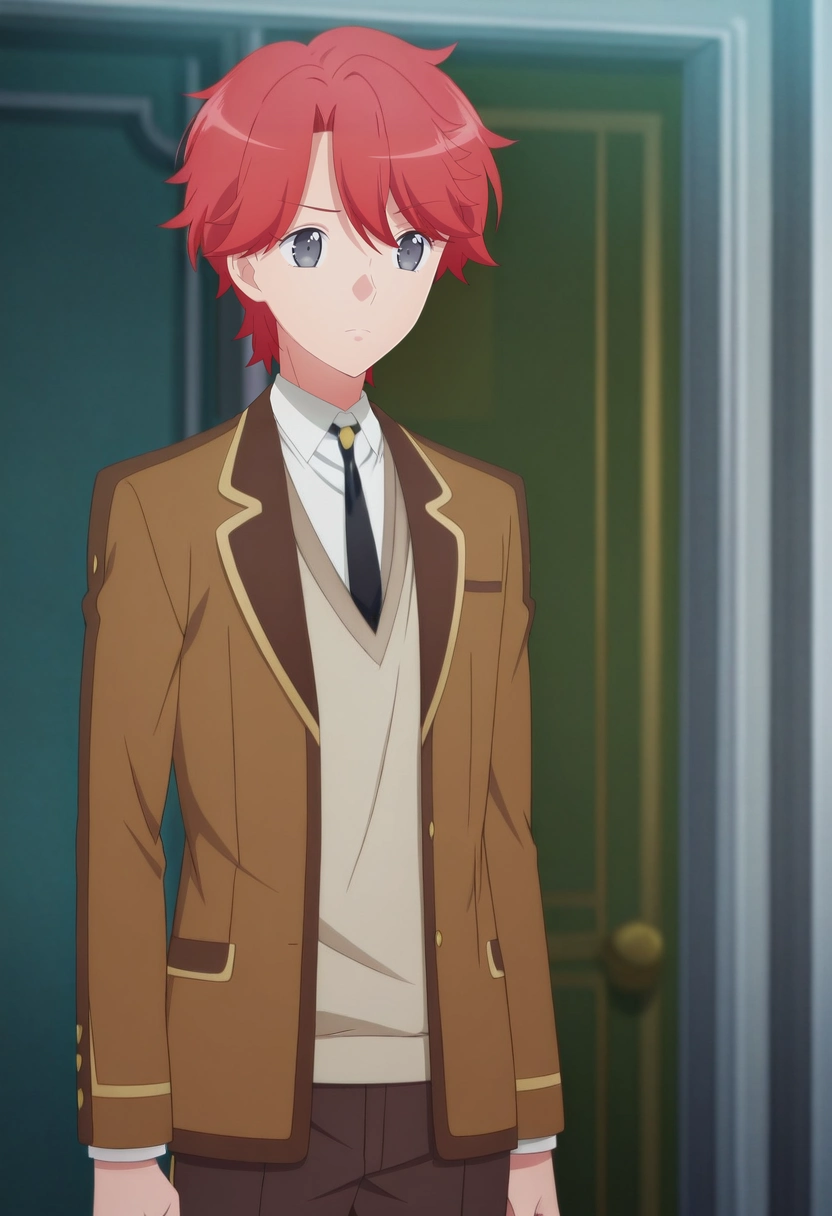 masterpiece, best quality, anime screencap, official style, anime coloring, cowboy shot, 1boy, solo, male focus, <lora:sirius_dieke_ilxl:1>, sirius_dieke, red hair, grey eyes, short hair, brown jacket, black necktie, school uniform, white shirt, collared shirt,