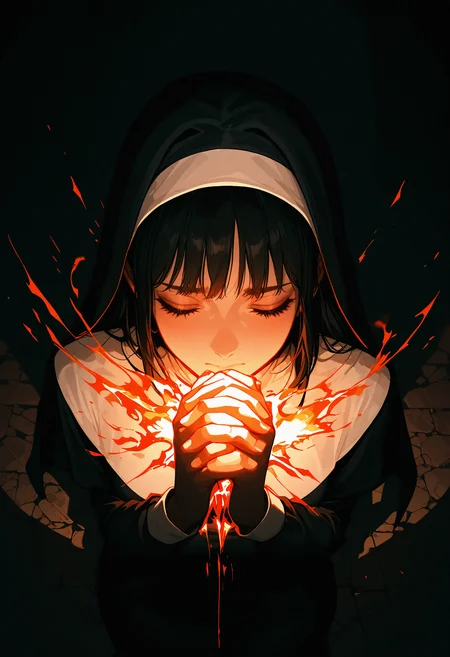 1girl, nun, dark, spotlight, hands in lock, praying, bangs, closed eyes,  fire in hands, (from above:0.8), <lora:ponyv4_noob1_2_adamW:0.9>, (masterpiece, best quality, absurdres, highres, new, very aesthetic:1.4)