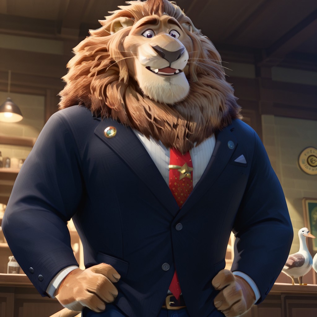 core_9, score_8_up, score_7_up, score_6_up, score_5_up, score_4_up, detailed background, detailed face, lion, anthro, male, bar, bara, leodore lionheart, lion moustache, antro, furry, Disney style, goose eyebrows, tie, small eyes, surprised expression, muscular, blue trousers, lion's tail, smile, Zootopia style, blue jacket