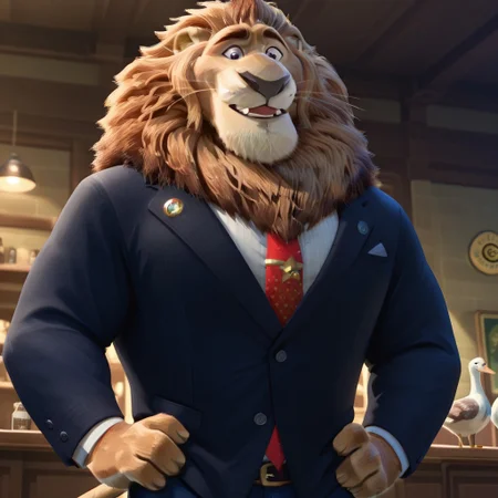 core_9, score_8_up, score_7_up, score_6_up, score_5_up, score_4_up, detailed background, detailed face, lion, anthro, male, bar, bara, leodore lionheart, lion moustache, antro, furry, Disney style, goose eyebrows, tie, small eyes, surprised expression, muscular, blue trousers, lion's tail, smile, Zootopia style, blue jacket