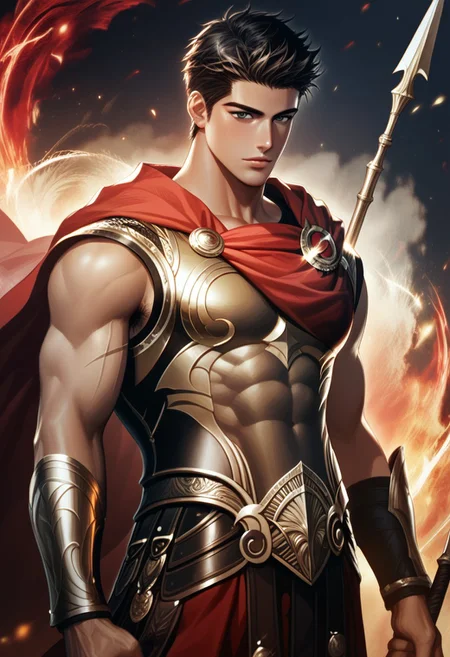 song_taewon standing on training ground, 1boy, solo, black hair, short hair, black eyes, sideburn, bara, muscular male, bare abs, scar, Spartan armor, red cloak, spear, outgrowing armpit hair, training ground, score_9, score_8_up, score_7_up, detailed background
