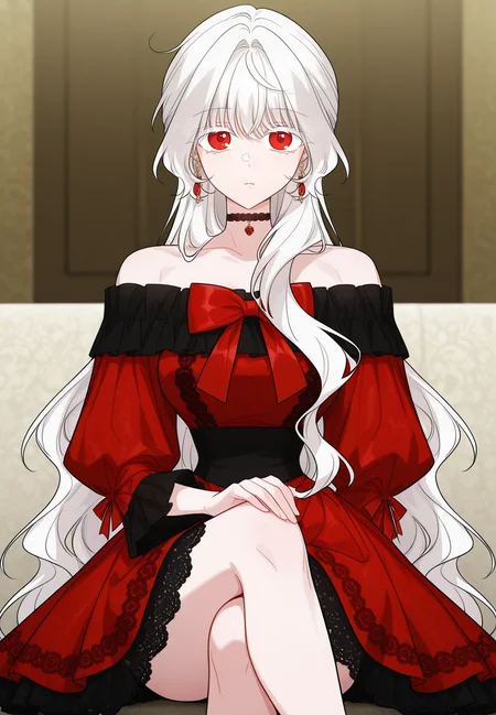 gorgeous girl, kawaii girl, cute face, masterpiece, best quality, very awa, absurdres, ultra-detailed-eyes, detailed background, ambient occlusion, raytracing, soft lighting, absolutely eye-catching, intricate cinematic background, (beautiful face), Masterpiece,(perfect female body),(detailed hair), detailed background, small waist, detailed skin, (4k),(incredibly detailed:1.4), perfect anatomy, slim, neatly drawn nose, beautiful fingers, small waist, (super model body), (breasts), looking at viewer,
<lora:Eisel_-_The_Male_Lead_Is_In_Charge_Of_The_Successor-Kaleid_Illustrious:1> /eisel/, 1girl, long hair, red eyes, bangs, white hair, white eyelashes, dress, choker, long sleeves, off-shoulder dress, black-red dress, bow, earring, hair ornament, sitting, crossed legs,