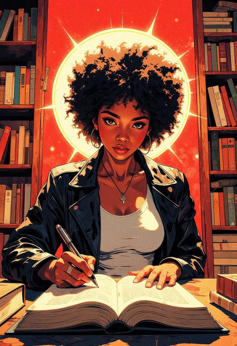 Masterpiece, best quality. wide shot, character is small compared to vast background. Concept art painting, intricate linework with expressive contrasts, golden low-key lighting with warm dynamic highlights. Wide angle shot of a black woman in afro hairdo sitting at a table ready to sign the title page of the book in front of her with a fountain pen. She is wearing a black leather jacket, a white tank top T-shirt. Behind her is a bookcase full of books with colorful spines. Dramatic lighting captures fine details in furniture design, intricate clothing folds, and the opulent state of the location. anime style, vibrant colors, cinematic shot, soft lighting, red background, halo behind women. The atmosphere is intimate and timeless, rich with warm, earthy tones and soft shadows. hand drawn, illustration, precise geometry, deep focus, detailed background, DB4RZ, DB4RZ style painting, aidmamj6.1