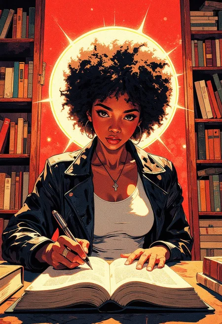 Masterpiece, best quality. wide shot, character is small compared to vast background. Concept art painting, intricate linework with expressive contrasts, golden low-key lighting with warm dynamic highlights. Wide angle shot of a black woman in afro hairdo sitting at a table ready to sign the title page of the book in front of her with a fountain pen. She is wearing a black leather jacket, a white tank top T-shirt. Behind her is a bookcase full of books with colorful spines. Dramatic lighting captures fine details in furniture design, intricate clothing folds, and the opulent state of the location. anime style, vibrant colors, cinematic shot, soft lighting, red background, halo behind women. The atmosphere is intimate and timeless, rich with warm, earthy tones and soft shadows. hand drawn, illustration, precise geometry, deep focus, detailed background, DB4RZ, DB4RZ style painting, aidmamj6.1