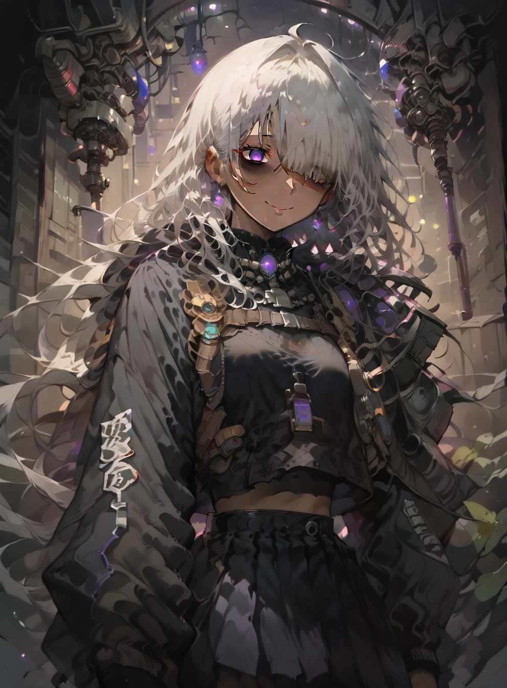 score_9, score_8_up, score_7_up, score_6_up, score_5_up, source anime, (dark skin), breasts, long hair, black hair, hair over one eye, sleeves past wrists, bags under eyes, long sleeves, smile, purple eyes, looking at viewer, blush, looking at viewer, cowboy shot,  standing, realistic background, indoors, laboratory, room, shelves, scientist, science room, black pleated skirt, black jacket, (midriff), white hair,  <lora:ncaaoo33_XL_15E_GT_V0.1:0.8> , ncaaoo33,   <lora:ph4nt0m01lXLP:0.7> , ph4nt0m01l,  <lora:s0mXLP:0.7> , s0m,  <lora:Sinozick_Style_XL_Pony:1> , sinozick style, flat color, dark theme,  <lora:Pony_Stylized_Dark_Ambience_-_SDA:0.8> , dark atmosphere, glowy eyes, solo, looking at viewer,