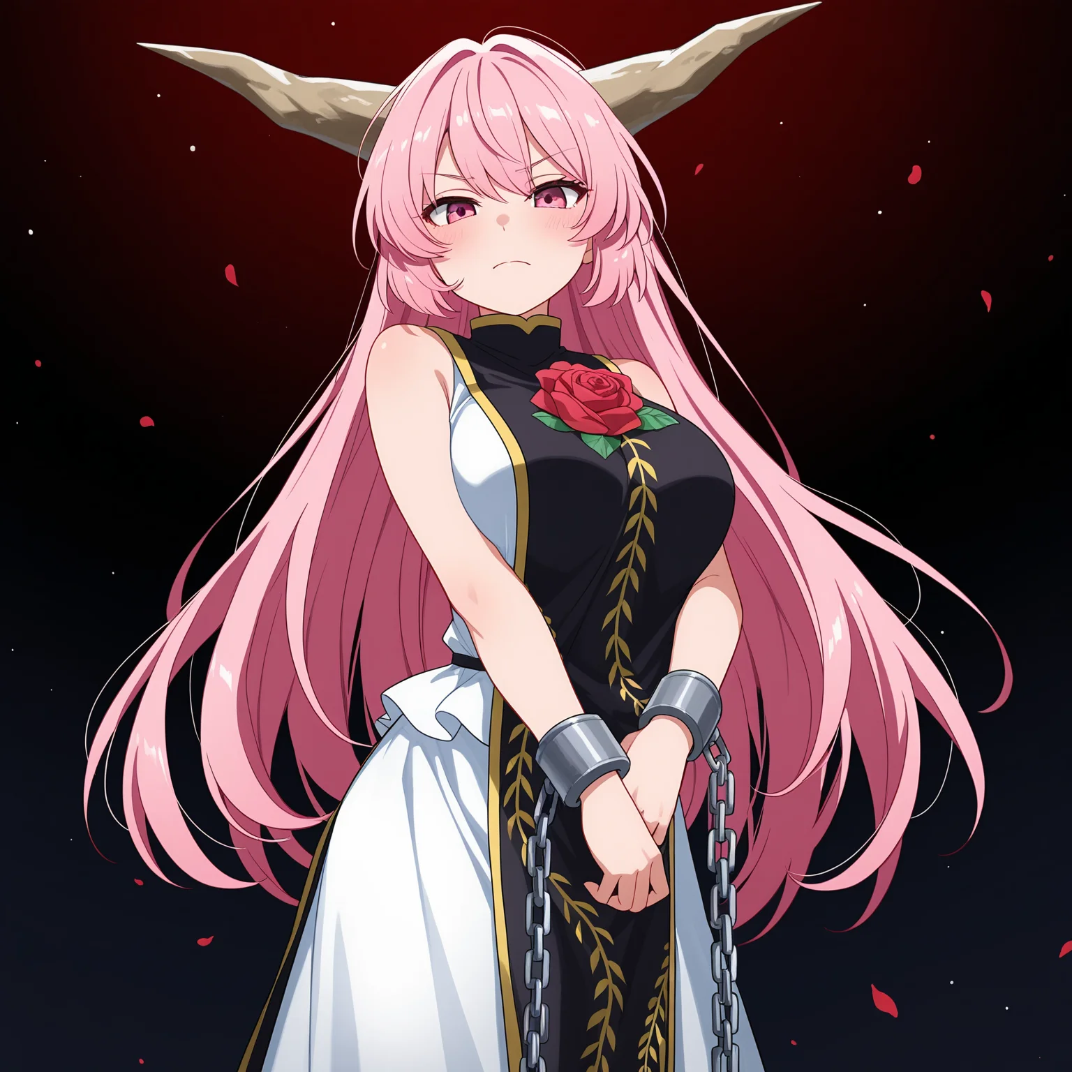 masterpiece, best quality, amazing quality, anime screencap, 1girl, solo, standing, cowboy shot, looking at viewer, <lora:IbarakiDoujiTH:0.9>, IbarakiDoujiTH, pink hair, long hair, pink eyes, horns, large breasts, black tabard, rose, sleeveless white dress, bare shoulders, white skirt, long skirt, black shoes, cuffs, ball and chain restraint,
