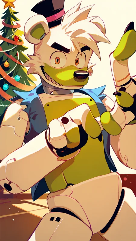 <lora:saucebear_ponyxl-10v1.2:1.7> score_9_up, score_8_up, score_7_up, source_furry, source_cartoon, outside, saucebear, bear ears, large canines, perfect canines, sabertooth, deep blue mini top hat, orange eyes, detailed eyes, green phalanges, four fingers, (((four fingers))), greenish-white body:1.2, (green color front, gray neck, metallic neck:1.5), wearing blue vest, loose vest, thin neck, solo, (looking at viewer), perfect body, detailed hands, toony hands, toony body, toony head, zPDXL2, detailed hat, male focus, nice background, (flat chest), fluffy head:0.8, BREAK, winter scene, christmas tree, christmas scene