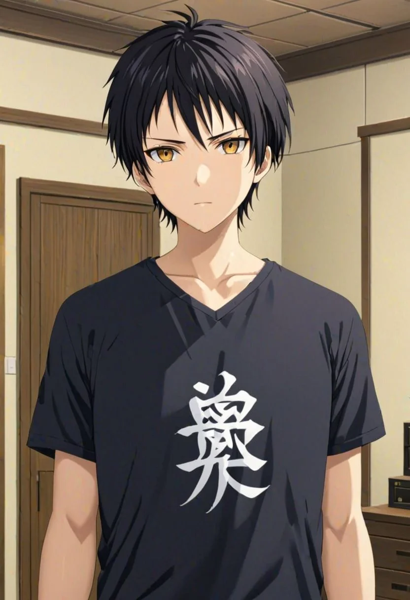 Sasuke Tsubaki, Yellow Eye, masterpiece, best quality, (1boy), solo, male focus, High definition, Black hair, 4K, v-neck T-shirt, necklace