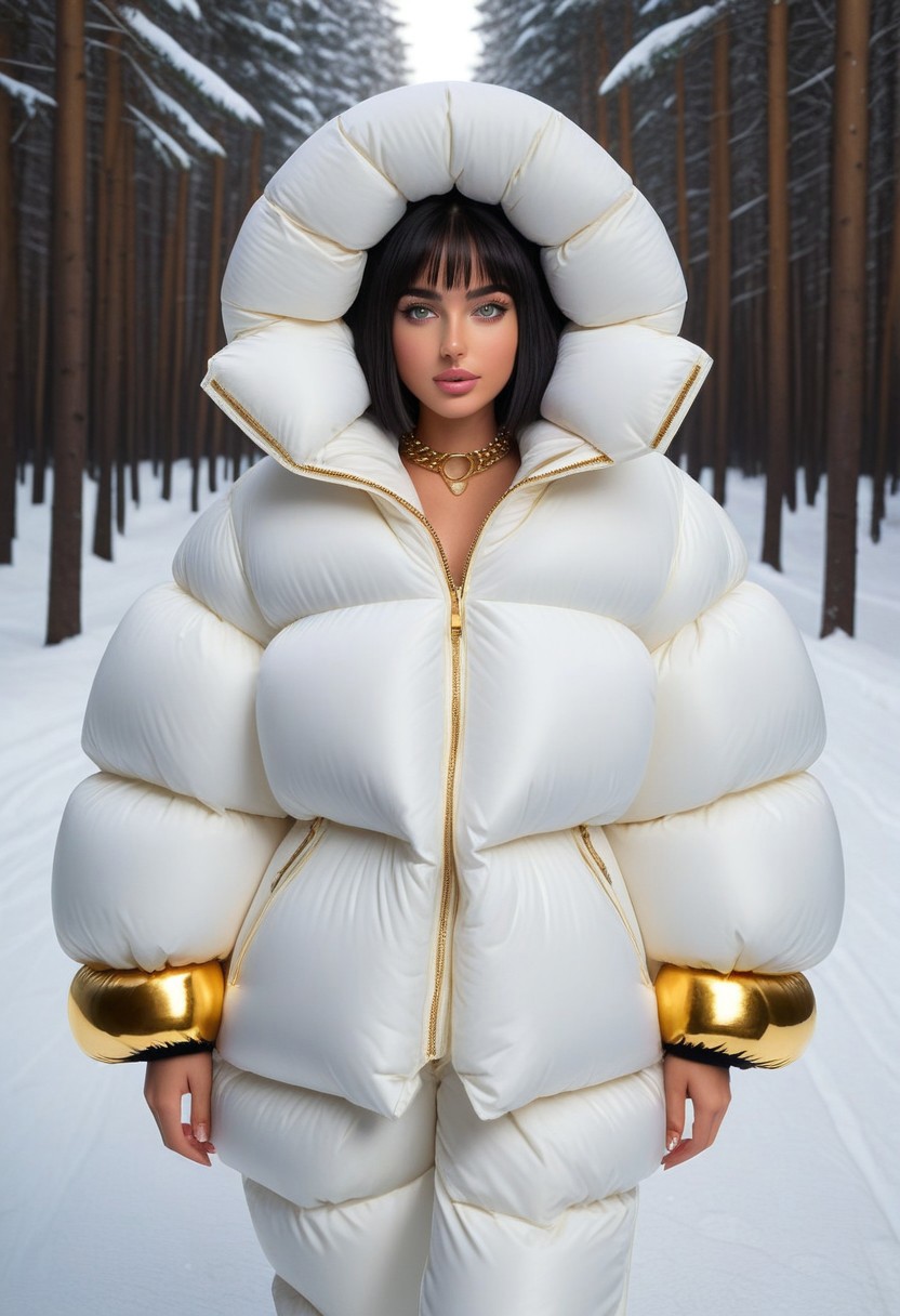 ((((puffer padded jacket)))), ((((puffer padded coat)))), ((((full body)))), ((((fur boots)))), ((((puffer pants)))), ((((puffer hood up)))), winter, snow, forest, 1girl, solo, (masterpiece), detailed face, detailed eyes, (beautiful detailed eyes:1.5), sidelighting, (super detail, hyper detail, intricate_details, detailed), (semi realistic:1.6), (Bob cut), blunt bangs,(black hair), (purple eyes, eyelashs), tanned skin, smug smile, angry face, Golden jewelery, golden rings, golden necklace, golden armlets, golden chains, padded cuffs, padded collar, Thick padded cuffs, Thick padded collar, <lora:Collar-SDXL:0.6>, <lora:Cuffs-SDXL:0.6>, <lora:Puffer_Jacket_and_Down_Jacket_-_Extra_Puffy_Jackets:0.4>, <lora:snowpants_v1:0.4>