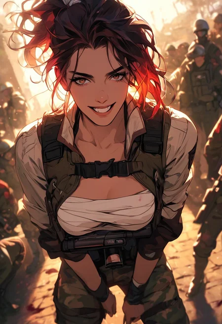 masterpiece,best quality, highly detailed, score_9, score_8_up, score_7_up, score_6_up, source_cartoon,
 BREAK
1girl, warzone journalist, (bandaged breasts), bulletproof vest (open)
BREAK
photographing massacre, from ground, lens cracked, soldiers laughing, blood splatter on camera
 BREAK
dynamic light, warm_light, vibrant colors warm_colors, soft focus, high contrast, textured surfaces, depth of field, golden hour lighting, dramatic shadows, rich details, nature-inspired color palette, playful composition.
,dynamic angle,dynamic light,background,