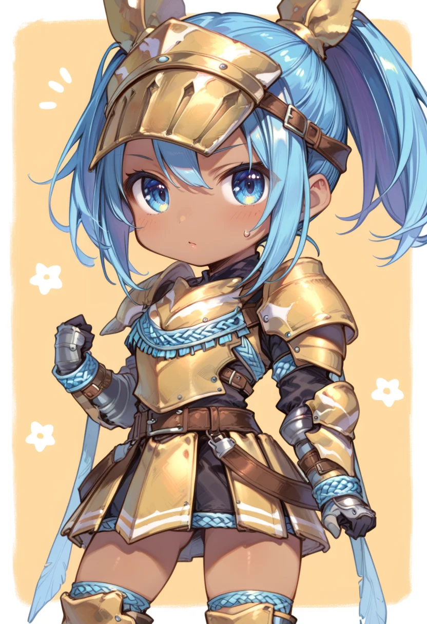 (score_9:0.9),score_8_up,score_7_up,anime style,rating_safe,(zPDXL),<lora:Hermitaur armor ponyXL v2:0.74>,Hermitaur armor X,yellow armor,1girl,solo,chibi,blue eyes,blue hair,sweatdrop,yellow gauntlets,yellow boots,dark-skinned female,