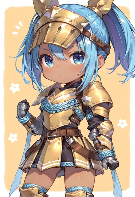 (score_9:0.9),score_8_up,score_7_up,anime style,rating_safe,(zPDXL),<lora:Hermitaur armor ponyXL v2:0.74>,Hermitaur armor X,yellow armor,1girl,solo,chibi,blue eyes,blue hair,sweatdrop,yellow gauntlets,yellow boots,dark-skinned female,