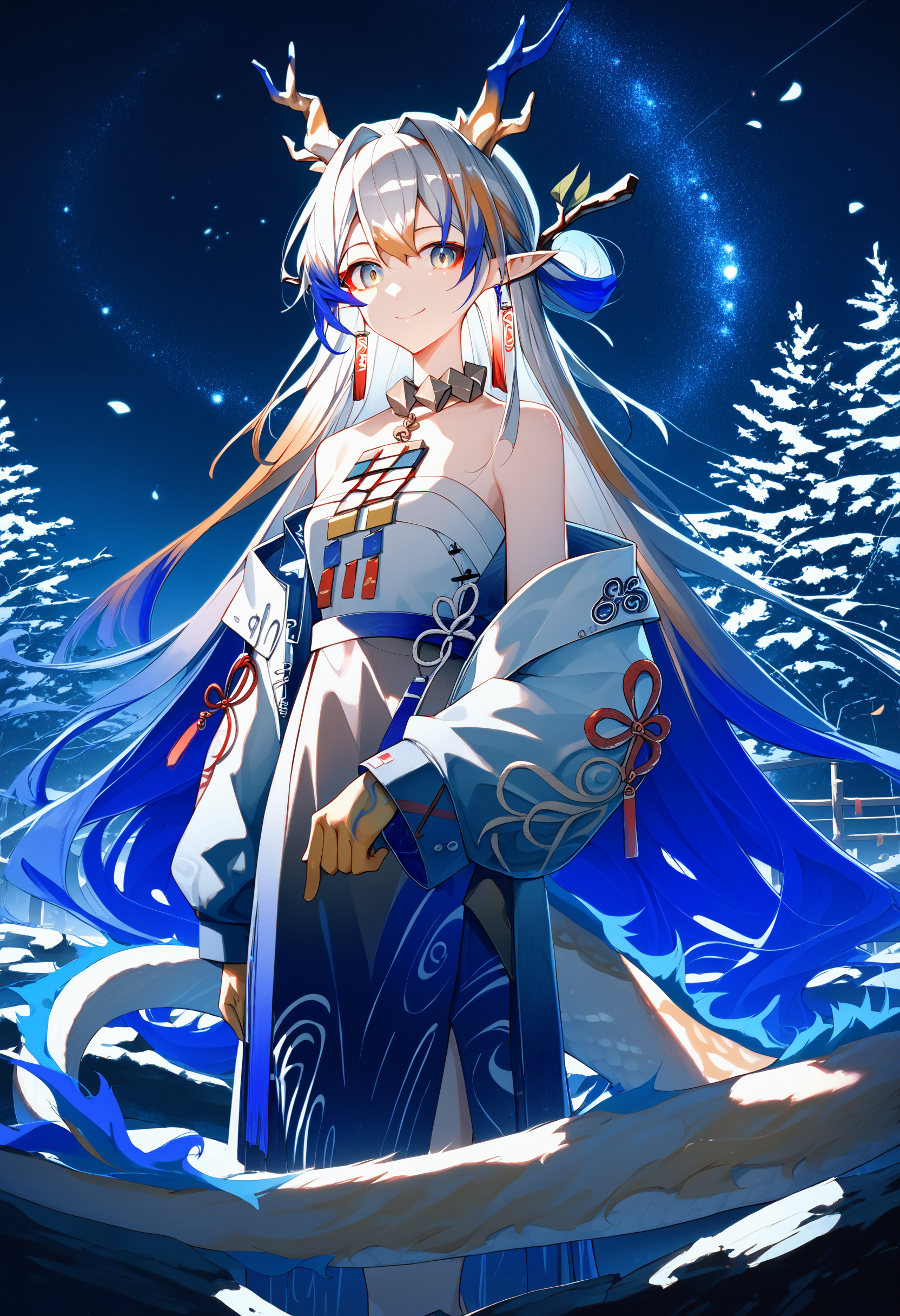 shu \(arknights\), eastern dragon horns, eastern dragon girl, 1girl, solo, pointy ears, long hair, jewelry, looking at viewer, blue hair, multicolored hair, very long hair, earrings, tassel earrings, grey hair, bare shoulders, standing, necklace, eastern dragon tail, long sleeves, tassel, tail, tree, smile, strapless , night sky, starry sky, dark theme, dappled moonlight, atmospheric,
score_9, score_8_up, score_7_up, score_6_up, absurdres, best quality, masterpiece, very aesthetic
<lora:dragon_girl_pony_v2:1>