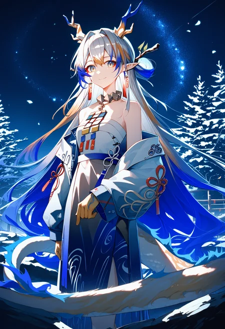 shu \(arknights\), eastern dragon horns, eastern dragon girl, 1girl, solo, pointy ears, long hair, jewelry, looking at viewer, blue hair, multicolored hair, very long hair, earrings, tassel earrings, grey hair, bare shoulders, standing, necklace, eastern dragon tail, long sleeves, tassel, tail, tree, smile, strapless , night sky, starry sky, dark theme, dappled moonlight, atmospheric,
score_9, score_8_up, score_7_up, score_6_up, absurdres, best quality, masterpiece, very aesthetic
<lora:dragon_girl_pony_v2:1>
