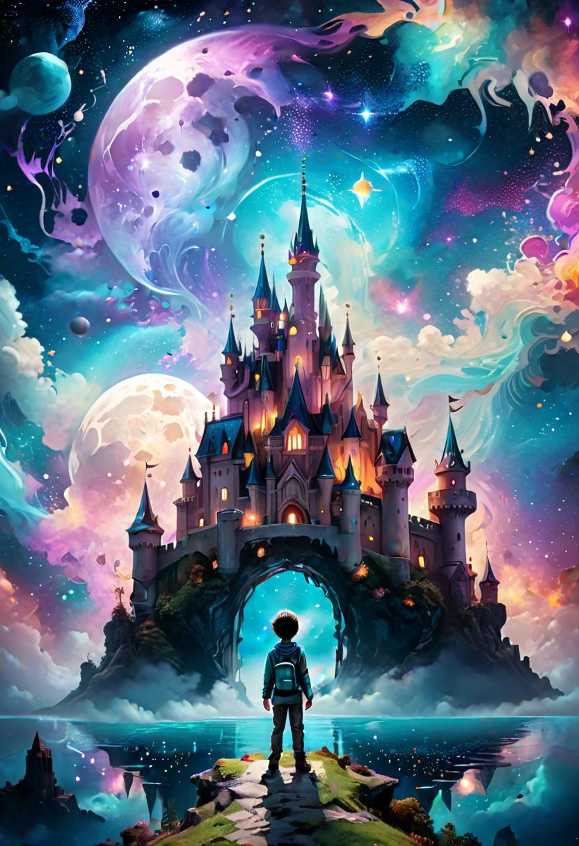 a kid standing in front of a fantasy world with cosmic stars and a castle lighted on top of cosmic stars. stars in the sky at night, in style of anna dittmann, big moon and stars in the sky, streaming on twitch, whimsical and psychedelic, mind-bending reality, uniform background, swimming across the universe, middle of the night, classroom background, impossible dream.
