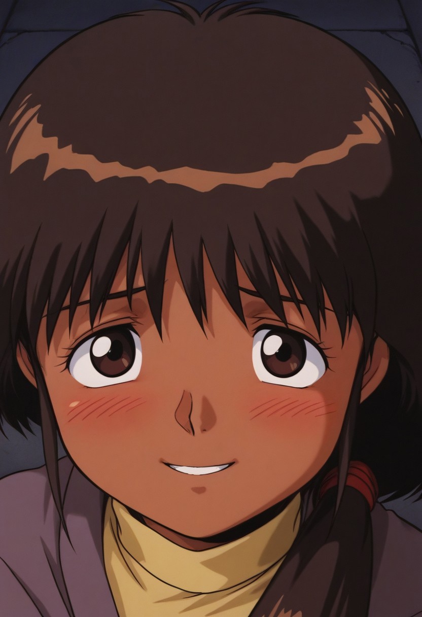 score_9, score_8_up, score_7_up, source_anime,masterpiece, best quality, 1990s_\(style\),official art,a cute child, Shakti Kareen, brown_eyes, brown_hair, bangs, long_hair, dark_skin, dark-skinned_female, solo, looking at viewer,(solo_focus,looking at viewer,detailed face and eyes,blush,shy grin), (upper body,character focus,close to viewer,face to face:1.2),from above,BackAlley,