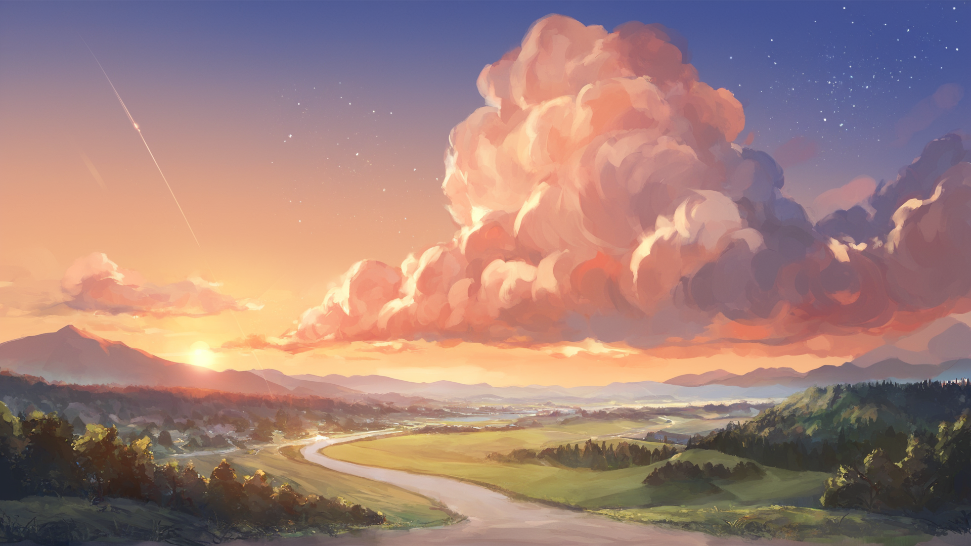 score_9, score_8_up, score_7_up, source_anime,
best quality, masterpiece, ultra detailed,
landscape
sunset, clouds, skys, stars, cozy,
amazing background, outdoors,
<lora:Everlasting_Summer_Vanilla_Backgrounds_by_GraffMetal:0.7>,
