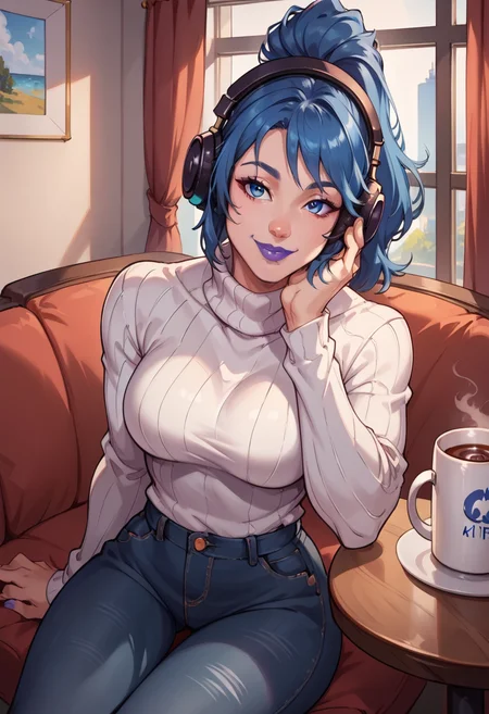 score_9, score_8_up, score_7_up, source_anime, BREAK, <lora:FNHeroicHope-000008:0.9>, FNHeroHop, blue hair, headphones, ponytail, medium hair, blue eyes, purple lips, sitting, indoors, curtains, table, couch, hand on own face, white turtleneck, breasts, jeans, coffee mug, 1 girl, solo, looking at viewer, smile