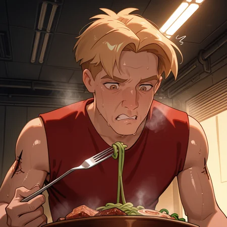 expressive disgusted face, wrinkled nose with sweat drops, pursed lips with a grimace, oversized wide eyes with shock lines, tense jaw, looking down, from underneath, slightly_below_shoulder_angle:1.3, low_angle_shot:1.5, 1boy, male focus, Titanae_Cale, Titanae_Cale_blonde_hair, Titanae_Cale_brown_eyes, alien fork:1.4, holding alien fork, green noodles:1.4, alien meat:1.4, wearing Titanae_Cale_red_sleeveless_shirt, Titanae_Cale_right_arm_tattoo, Titanae_Cale_sword_with_thorned_circle_tattoo, shiny skin with neon reflections, tau_14_mess_hall, flickering fluorescent lights, ambient steam rising from food, cinematic depth, masterpiece, absurdres, soft lighting, warm glow, ultra-high quality.
<lora:Titanae_Cale:0.8>, <lora:NoNameStyleVPRED10:0.6> nonamestyle, <lora:Style_4k-data_lora_webui:1>