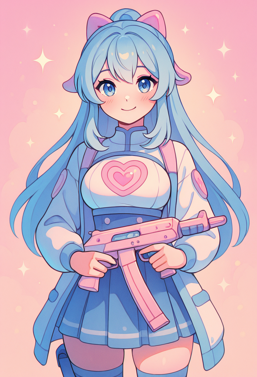 masterpiece, best quality,     k4w4iim1r41, gun, looking at viewer, smile,    <lora:KawaiiMirai_IXL:1.0>,