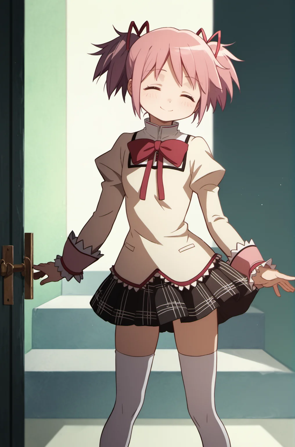 madoka \(Puella Magi Madoka Magica\),1girl,short twintails,mitakihara school uniform,eyes_closed,kind_smile,ribbon,short hair,thighhighs,zettai ryouiki,<lora:madoka_pony:0.8>,, score_9,score_8_up,score_7_up,score_6_up,score_5_up,score_4_up,