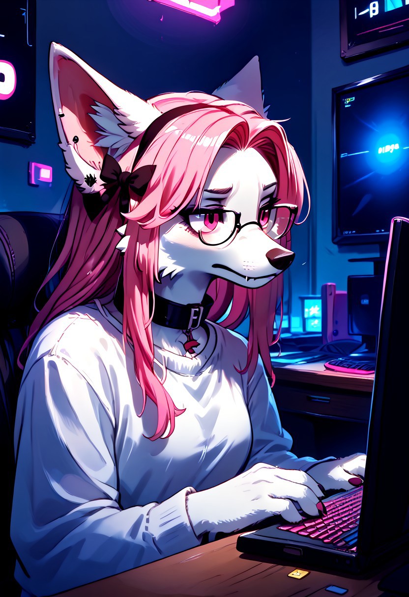score_9, score_8_up, score_7_up, easynegative, realistic style, detailed face, solo, anthro, furry, Expressiveh, masterpiece, raw quality, best quality, extremely detailed, stunning beautiful, high definition, HD, cute, girl, BREAK Keiko, 1girl, solo, furry female, animal ears, tail, collar, multicolored hair, spikes, long hair, ear piercing, wolf ears, hair bow, glasses, body fur, white fur, pink fur, two tone fur, pink hair, pink eyes, wolf tail,
jaded, jaded expression, tired, half closed eyes, closed mouth, small black cloud sketched above her head, bags under eyes,
inside, indoors, bedroom, Desk, Chair, Keyboard, Mouse (PC), RGB, Gamer, Neon. Laptop, HDA_pet_play,
night time, in the dark, fca_style,