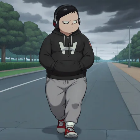 masterpiece, best quality, amazing quality, drhedo, 1boy, male, solo, human, short hair, black hair, black eyes, black eyeliner, short, chubby, black hoodie, grey sweatpants, red sneakers, white socks, black headphones, walking, hands in pockets, outdoors, sidewalk, park, overcast, dark clouds,