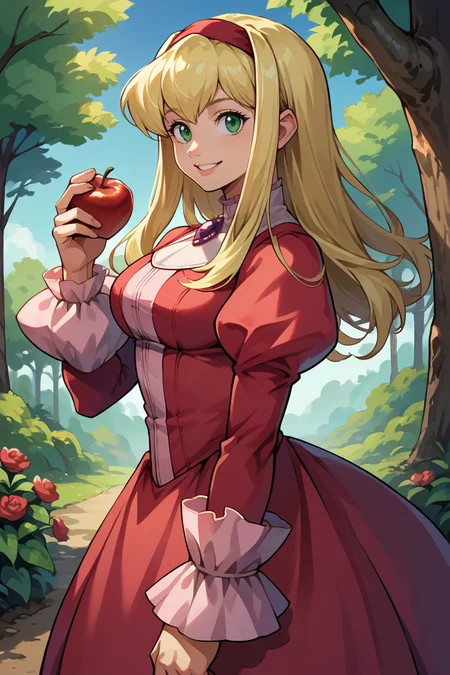 score_9, score_8_up, score_7_up, score_6_up, source_anime, 1girl, solo, <lora:xfalexia-pdxl-nvwls-v1-000005:1> defAlexia, long hair, blonde hair, red hairband, brooch, red ballgown, puffy sleeves, frilled sleeves, looking at you, smile, blue sky, forest, holding apple, garden, looking at you, walking, from side, smile