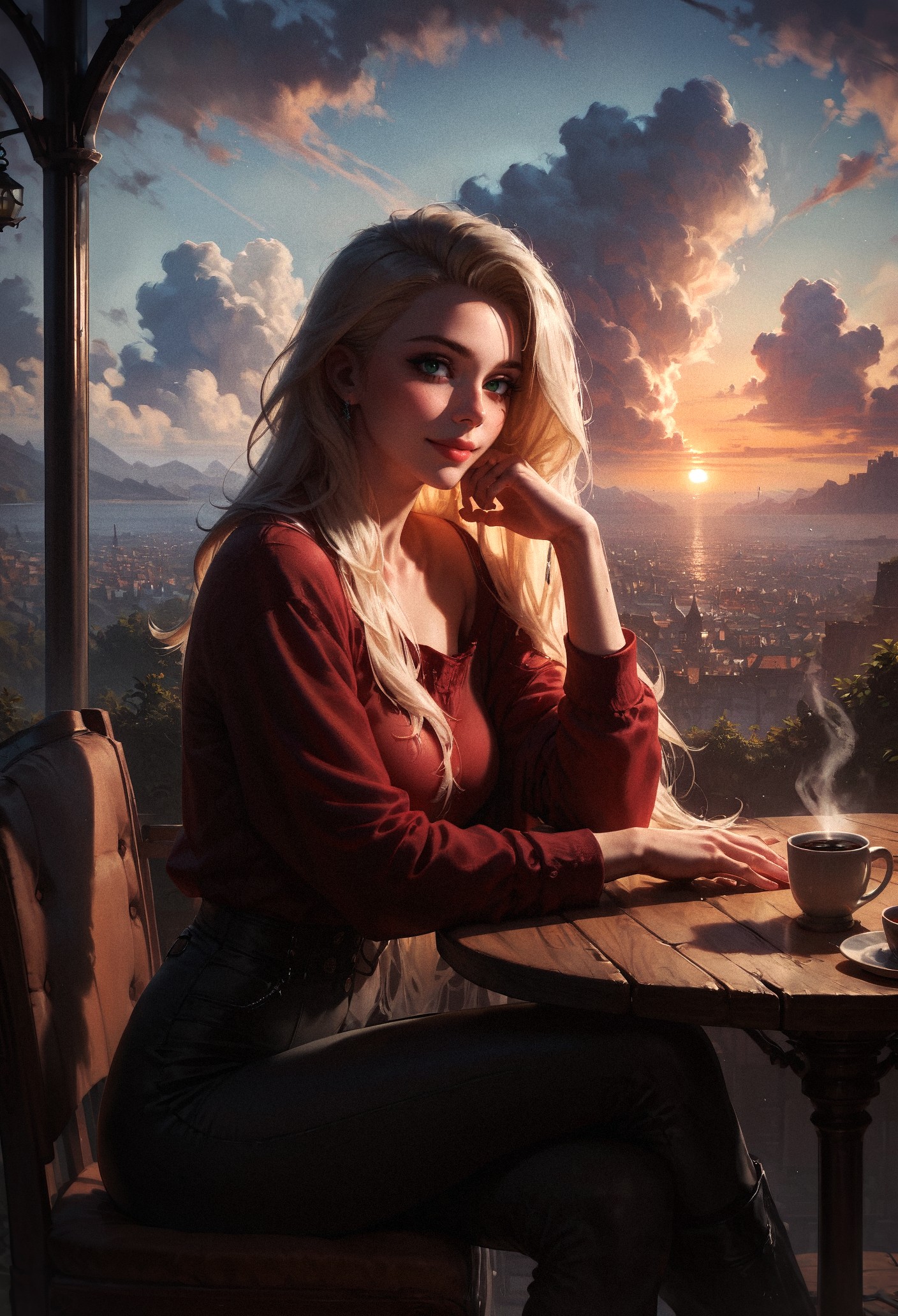 score_9, score_8_up, score_7_up, score_6_up, score_5_up, score_4_up,  1 girl, red shirt, black pants, cafe table, sunrise, blonde hair, straight hair, green eyes, solo, sitting on chair, looking at viewer, dramatic lighting, coffee on table  <lora:sdxl\Concept Art Twilight Style SDXL_LoRA_Pony Diffusion V6 XL:0.8>, concept art, realistic, <lora:sdxl\Expressive_H-000001:0.8>, expressiveH <lora:sdxl\pony_OldAnimeStyle_XL_v3:0.4>, 1990s \(style\), vintage <lora:sdxl\sinfully_stylish_SDXL>