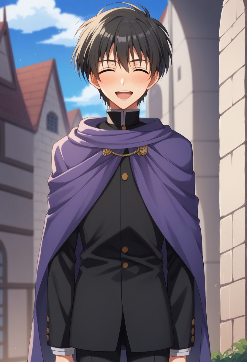 score_9, score_8_up, score_7_up, source_anime, highly detailed,
YuriShibuya, solo, 1boy, male focus, school uniform, gakuran, black jacket, black hair, upper body, long sleeves, standing, pants, looking at viewer,
closed eyes, black pants, open mouth, blush, smile, embarassed, cape, purple cape,
outdoor, sky, medieval, castle