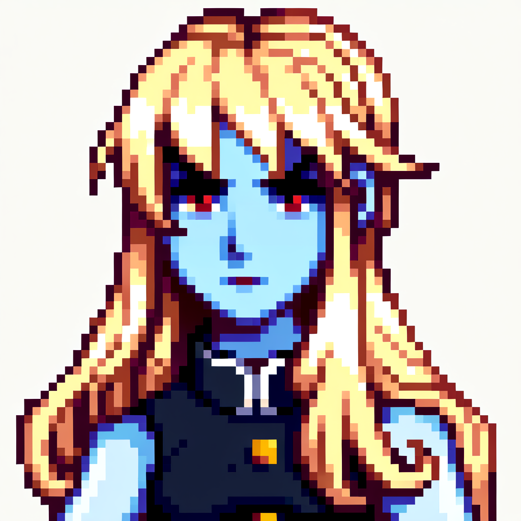score_9, score_8_up, score_7_up, source_anime, BREAK, solo, 1girl, annoyed, looking at viewer, <lora:Stardew-Valley-Portraits-pdxl_Fp:1>, portrait, simple background, pixel art, white background, <lora:Jedah-pdxl_Fp:0.8>, jedahmb, blue skin, red eyes, blonde hair, long hair, black dress, sleeveless, collared dress,