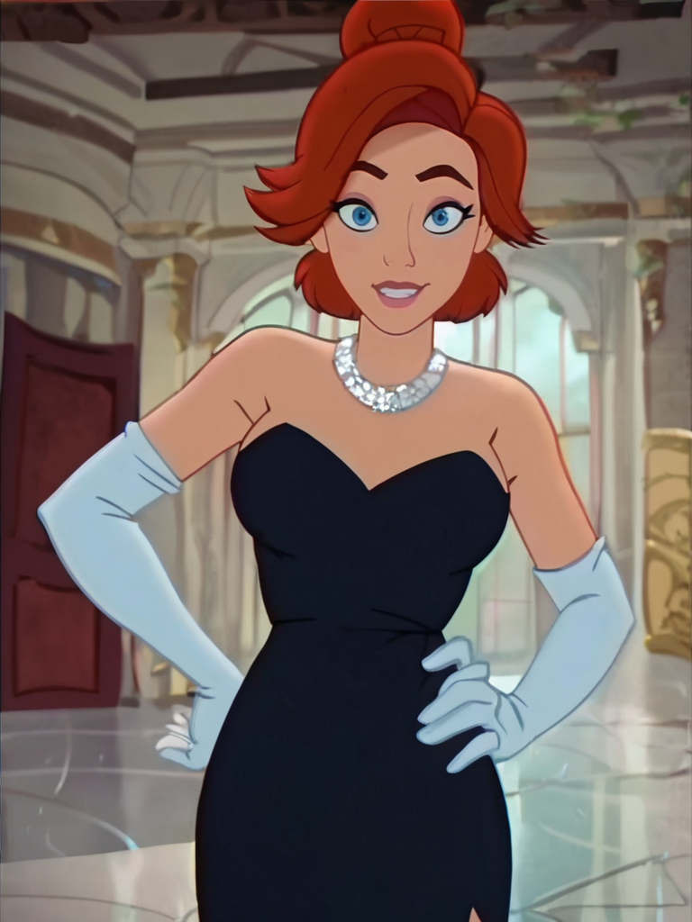 score_9, score_8_up, score_7_up, score_6_up, AnastasiaXLP, short hair, red hair, blue eyes, black dress, hair bun, elbow gloves, necklace, bare shoulders, motion lines, smile, curvy, looking at viewer, cowboy shot, dynamic pose, solo, dutch angle, front, sexy, sexually suggestive, from above, room, elegant, hand on own hip, nervous smile, screencap,
 <lora:AnastasiaXLP_character:1>