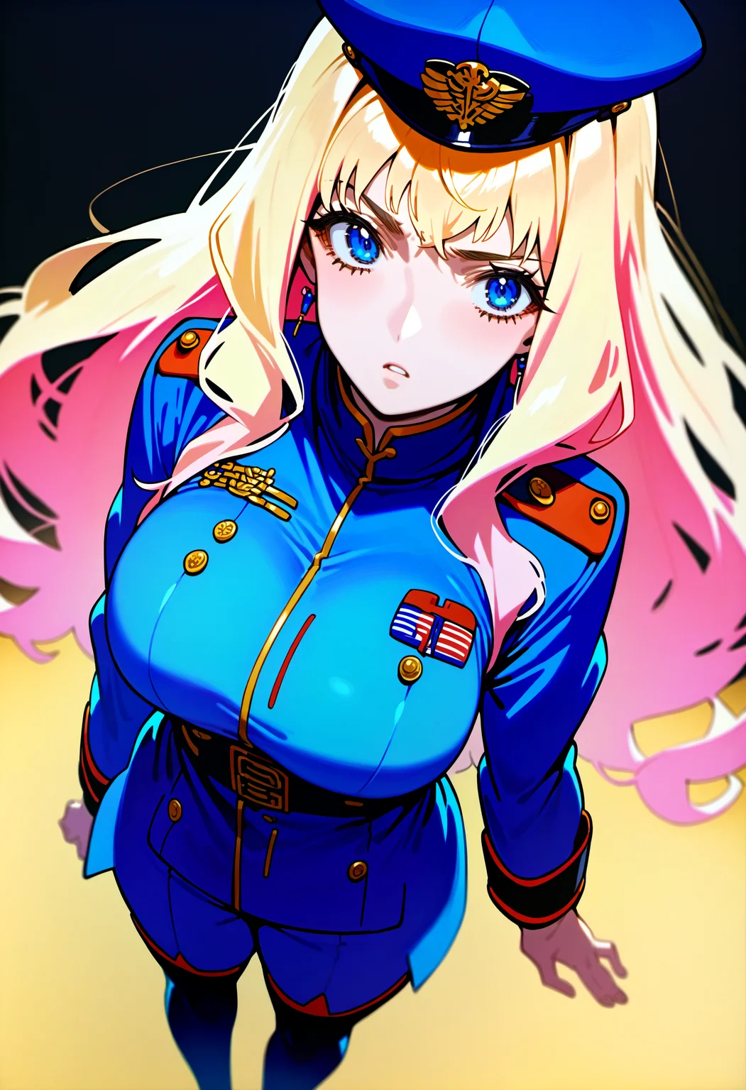 score_9, source_anime, score_8_up, score_7_up,white background,standing,from above,<lora:sheryl_v1:1.1>,sherylv1,1girl,solo,looking at viewer, head tilt,  blonde,pink hair,blue eyes,two-tone hair,large breasts,blue military uniform, military cap,black military_coat,  blue_pants,black thigh boots, puffy pants, military_medals,