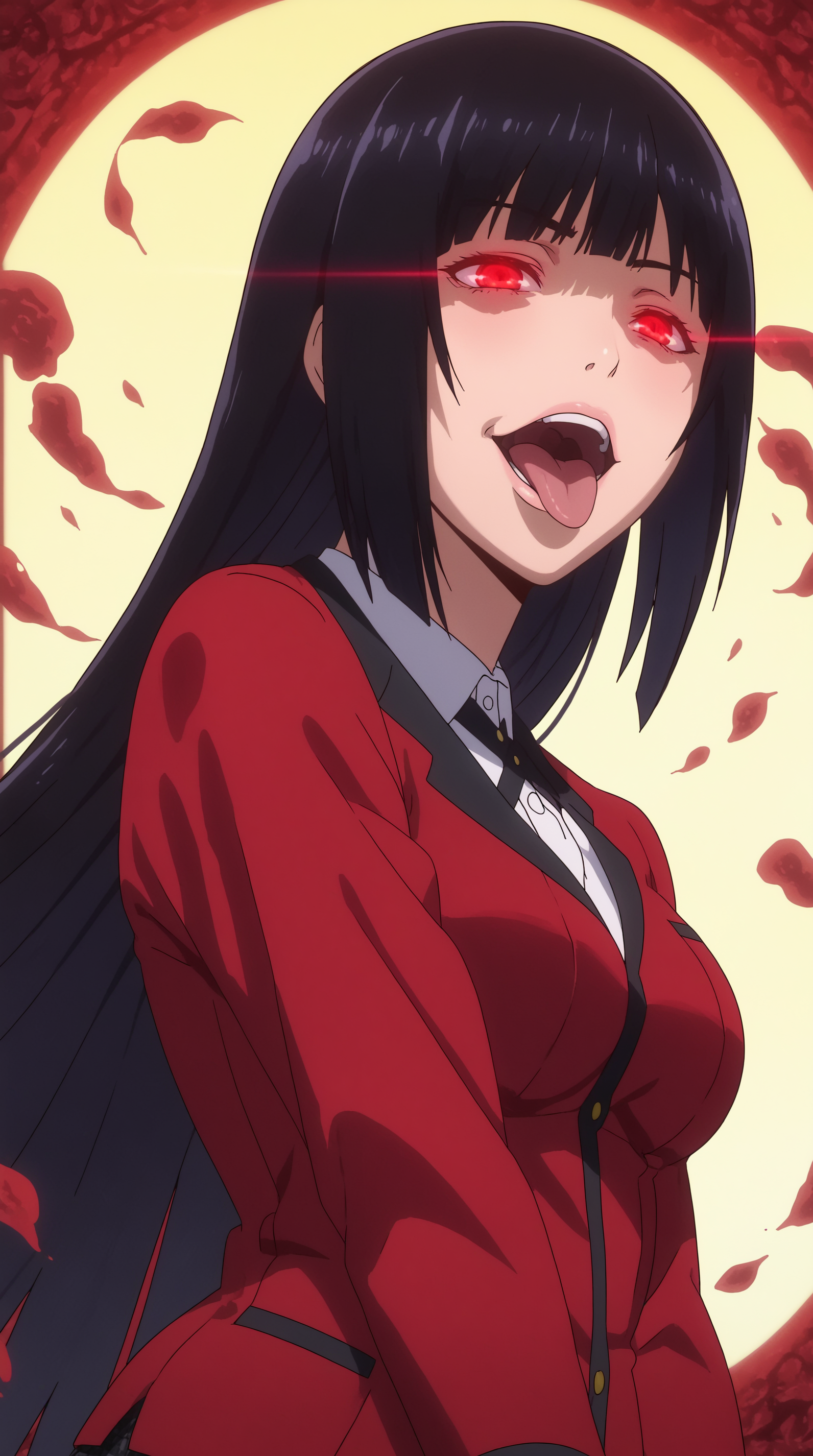 score_9, score_8_up, score_7_up, best background, detailed background, 4k, upscale, anime_source  Yumeko Jabami, Main Outfit, solo, open mouth, tongue, glowing eyes,  <lora:JN_Yumeko_Jabami_Pony:0.8>