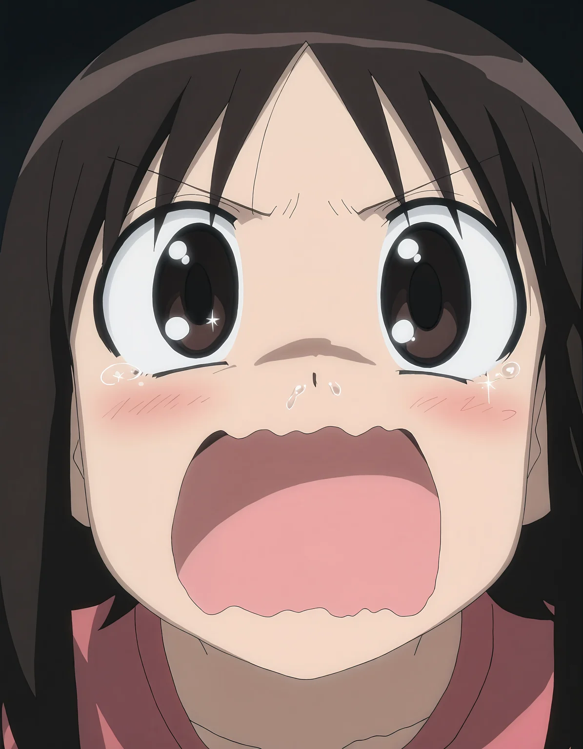 masterpiece, best quality, good quality, newest, highres, absurdres,<lora:Azumanga_style-000013:1>,azumanga_illu, style parody,anime screenshot,azumanga_illu, 1girl, solo, open mouth, brown eyes,Runny Nose , brown hair, parody, close-up, black background, sparkle,action_line, looking at viewer,wavy mouth,dynamic pose, depth of field,