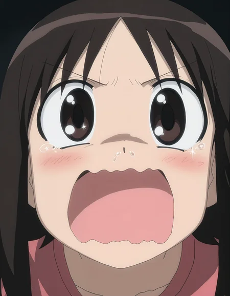 masterpiece, best quality, good quality, newest, highres, absurdres,<lora:Azumanga_style-000013:1>,azumanga_illu, style parody,anime screenshot,azumanga_illu, 1girl, solo, open mouth, brown eyes,Runny Nose , brown hair, parody, close-up, black background, sparkle,action_line, looking at viewer,wavy mouth,dynamic pose, depth of field,