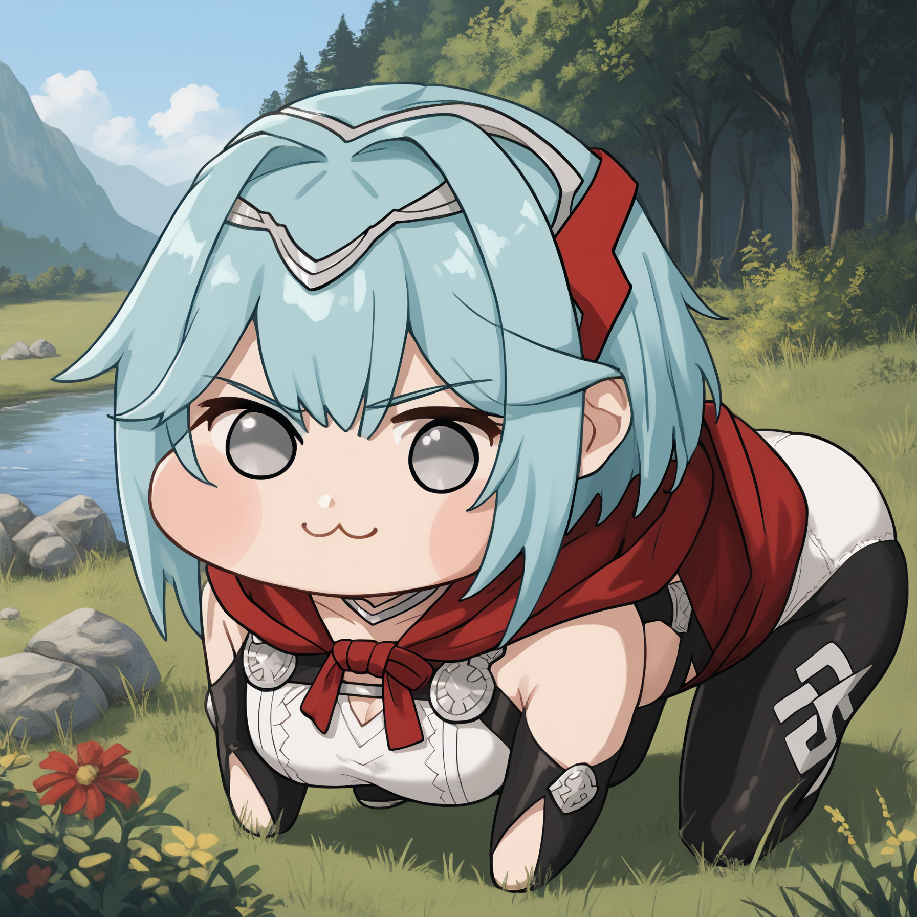 score_9, score_8_up, score_7_up, 1girl, DagrRND, grey eyes, aqua hair, short hair, large breasts,  
tiara, DagrO1, silver choker, armor, red cloak, bare shoulders, white top, arm strap, harness, black elbow gloves, white gloves, white underwear, thigh strap, thigh cutout, black leggings
<lora:Doro_X_PDXL_V1:1.2>, doro, creature, :3, chibi, no humans, four legs, solid circle eyes, no pupils, smug, from side, all fours,
outdoors, river,
<lora:FEDagrPDXL_V1-Manityro-CAME:1.0>,