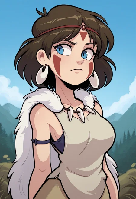p4n1c3dstyle, masterpiece, best quality, solo, princess mononoke, blue eyes, tribal clothing, wooded area, blue sky, bust shot