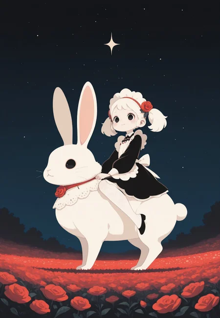1girl, solo, maid, apron, short black dress, long sleeves, white lace pantyhose, maid headdress, white embroidery, pale skin, red rose ornament on hair, white hair, white eyelashes, white eyebrows, porcelain skin, black eyes, glossy lips, short hair, twintails, cute, side view, bunny, (huge bunny), riding, riding huge bunny, looking at sky, happy, flower field background, night, starry sky
BREAK
masterpiece, best quality, amazing quality, very aesthetic, mesugaki, haiz_ai, no lineart,no outline, HassaKu_illu, anime screencap, anime coloring, re4lity_sync_illu, S4bit4mago_illu, wasabi_natsume_illu, AmdrewXL, digital illustration, Studio Ghibli Dark Fairytale, no lineart,no outline, dark Fairytale, Sinozick_illu, limited palette,
soft lighting, shadows, soft shadows, shaded, light particles