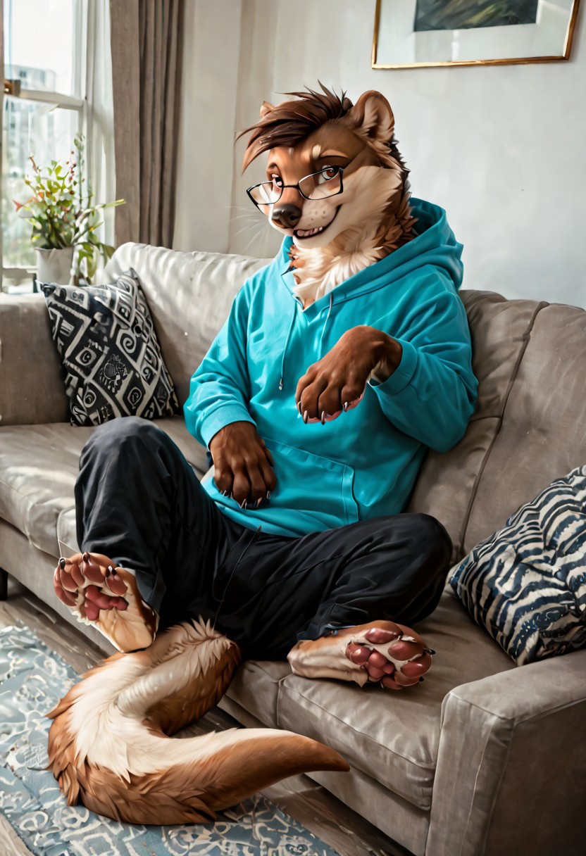 score_9, score_8_up, score_7_up, score_6_up
,
Otter, (clothed feral), (feral), (brown hair, short hair, hair,), (wearing a teal hoodie, black pants), (detailed background), living room, modern living room, smile, (male), fur, hair, solo, high quality, pose, sofa, furred body, paws, handpaw, fluffy, (detailed eyes, brown eyes), 
,
highly detailed, realistic fur, beautiful, photorealism, photorealistic, dslr, photo, expressive, (eyebrows), full body, (glasses), eyewear, window, shelves, topwear, pawpads, paw pads, dutch angle, relaxed
,
sitting on the sofa, source_photo
