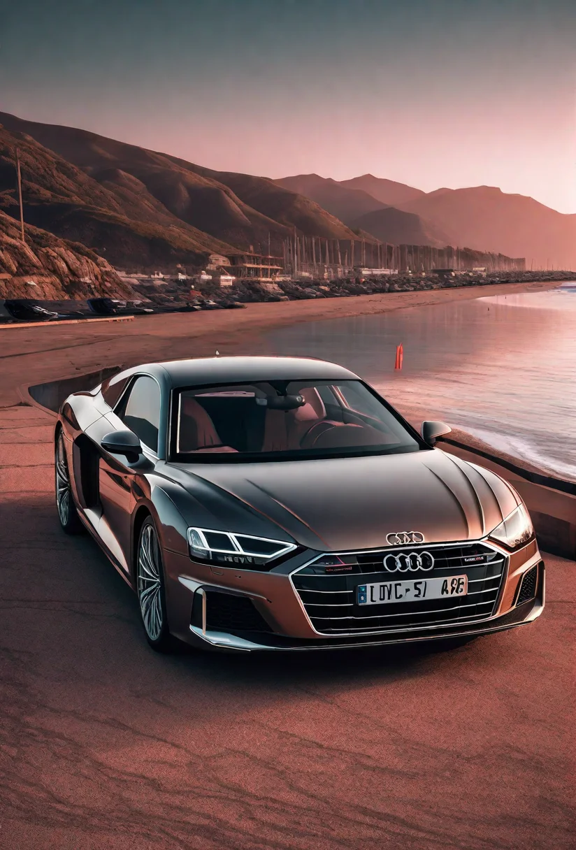 Audi a8,audir84ssports car,vehicle focus,professional photo,seaside,sun,pink sky,aesthetic,science fiction,sci-fi scenario,natural light,highly detailed,(highly detailed background),detailed textures,wide angle,8k,HDR,professional photoshoot,high quality photo,realistic photo,realistic shadows,detailed shadows,realistic proportions,film grain,raw photo,(raytracing),slate atmosphere,cinematic,dimmed colors,dark shot,muted colors,film grainy,lut,spooky,<lora:Audi a8:1>,