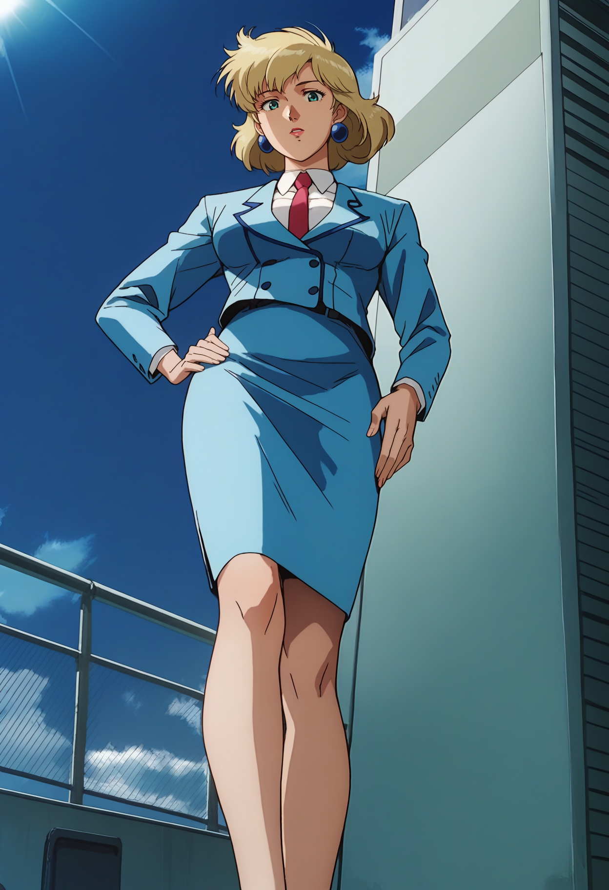 score_9, score_8_up, score_7_up, score_6_up, anime screencap, anime coloring, <lora:G0083NP:0.9>, G0083NP, blonde hair, short hair, lipstick, green eyes,
earrings, red necktie, suit, blue jacket, closed jacket, pencil skirt, blue skirt, high heels, white footwear,
standing, hand on own hip, upper body, looking at viewer, from below, 
BREAK blue sky, day, sunlight,