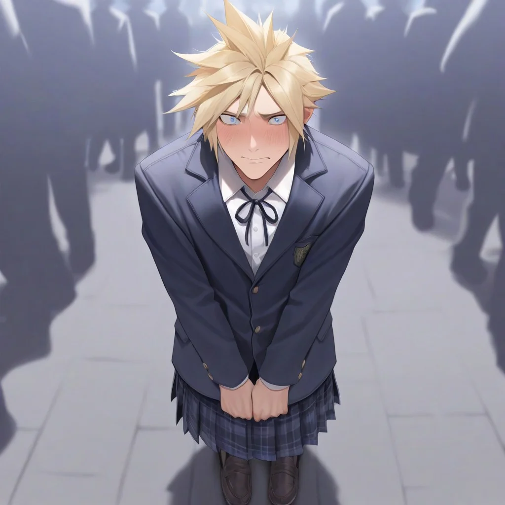 1boy, solo, masterpiece, best quality, amazing quality, very aesthetic, absurdres, newest, intricate details, highres, perfect hands, perfect anatomy, (FFCloud, 1boy, blonde hair, spiked hair, blue eyes, wearing Jedschu2, school blazer, ribbon tie, plaid skirt, loafers, embarrassed,) crowd, street,