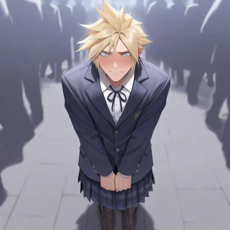 1boy, solo, masterpiece, best quality, amazing quality, very aesthetic, absurdres, newest, intricate details, highres, perfect hands, perfect anatomy, (FFCloud, 1boy, blonde hair, spiked hair, blue eyes, wearing  Jedschu2, school blazer, ribbon tie, plaid skirt, loafers, embarrassed,) crowd, street,